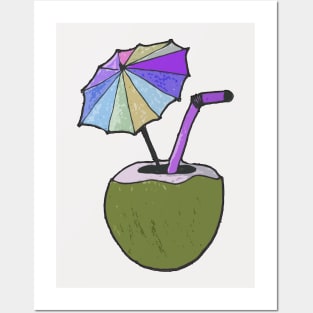 Hand drawn coconut drink with colorful umbrella drink Posters and Art